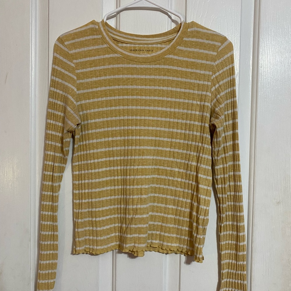 American Eagle Womens Slim Fit Long Sleeve Top Yellow White Striped Preppy